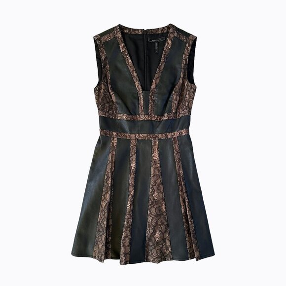 BCBGMaxAzria Dress Sz2 Black Faux Leather Pleated Brown Lace V-Neck 90s Goth Y2K - Picture 1 of 8